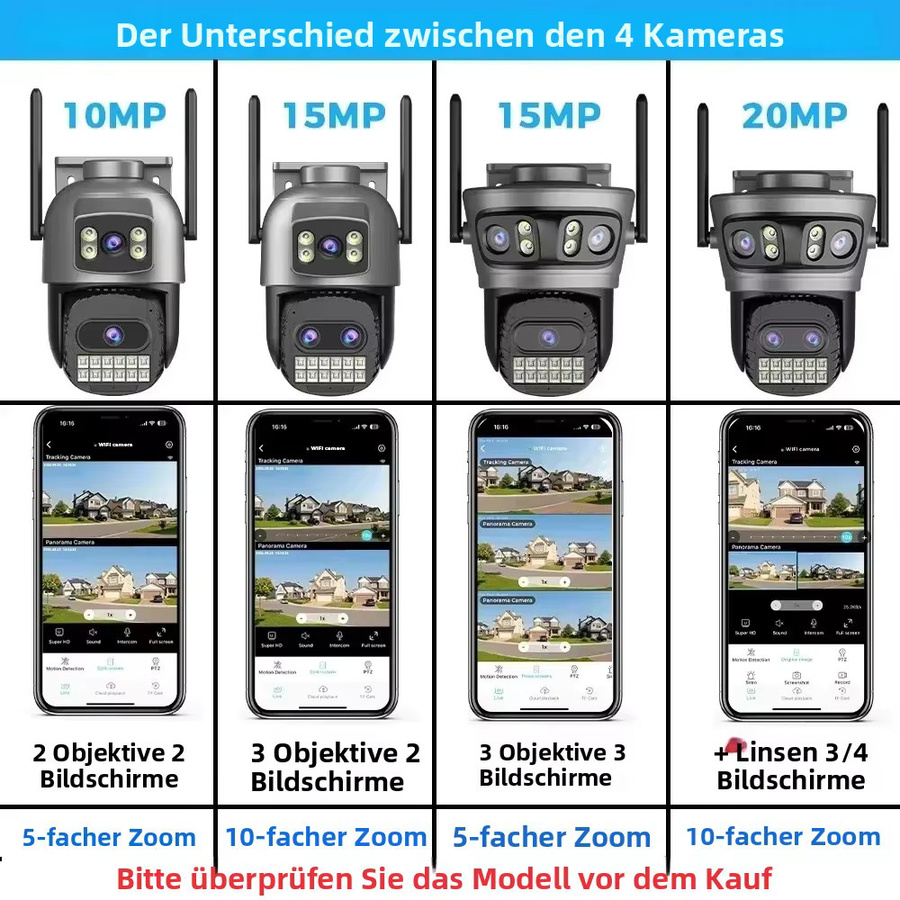 Abuntu 10K PTZ WLAN-Sicherheitskamera für Außenbereich mit 20MP, Vier Objektiven, Vier Bildschirmen, 10-fach Digitalzoom und 2,4G & 5G Dual-Frequenz Wi-Fi in Schwarz - Bild 4