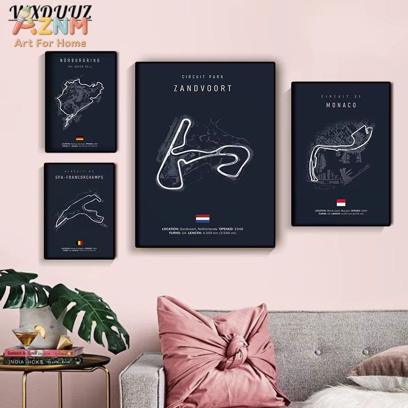 AZNM Rennstreckenkarte Leinwand Wandkunst Zandvoort Nürburgring Spa-Francorchamps Monaco F1 Poster Schwarz - Bild 3