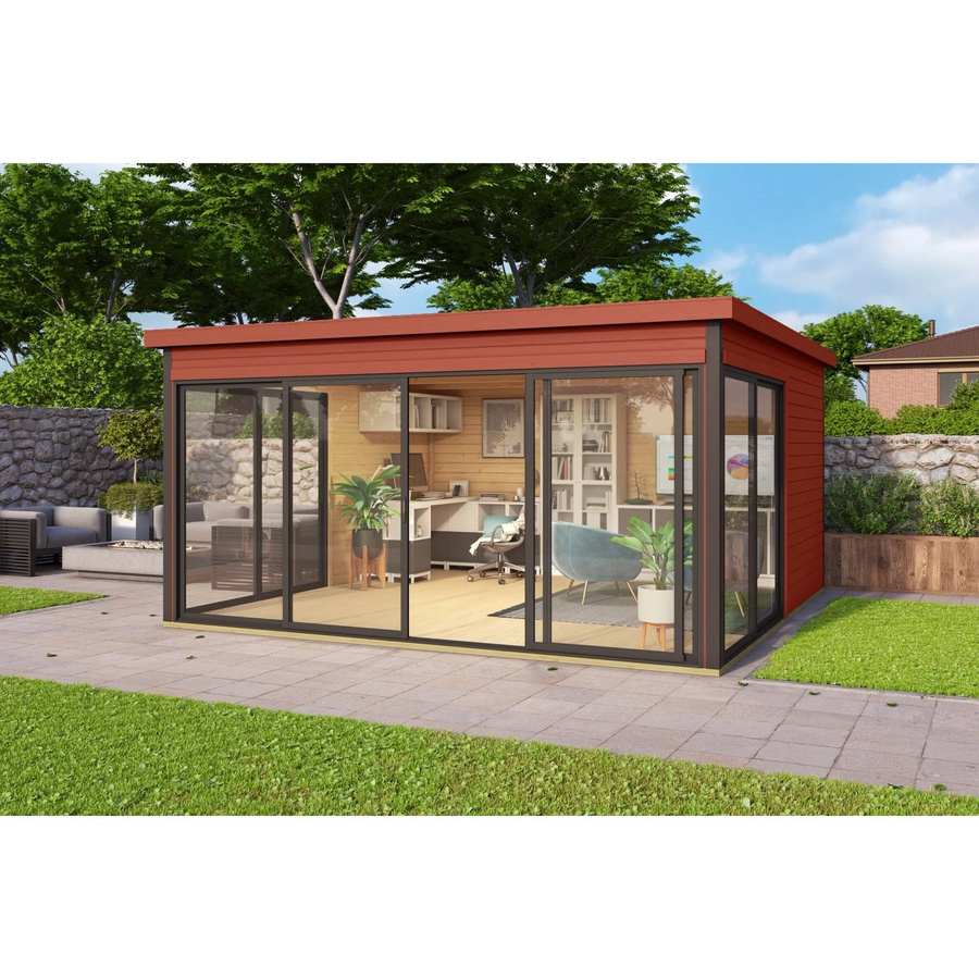 Lasita Holz-Gartenhaus Domeo 5 mit Flachdach in Schwedenrot lasiert in Blockbohlenbauweise mit modernem Design, B/T: 418 x 418 cm - Bild 2