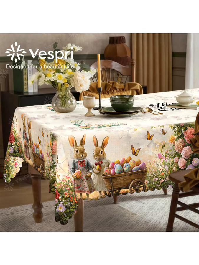 Vespri Oster-Tischdecke aus Polyester in Weiß-Beige mit Blumen- und Hasenmuster für Partys und Dekoration - Bild 4