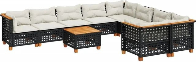 vidaXL 10-teilige Garten-Sofagarnitur mit Kissen aus Poly-Rattan und Akazienholz in Schwarz - Bild 1