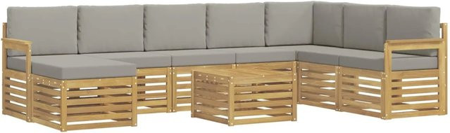 vidaXL Outdoor-Sofagarnitur 7-teilig in L-Form aus Akazienholz mit Polstern in Weiß und Hellgrau, B/T/H: 59 x 59 x 37 cm - Bild 1
