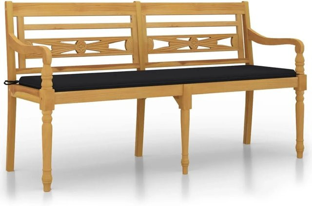 vidaXL Batavia Gartenbank aus Teakholz mit schwarzen Kissen, Braun, Breite: 150 cm, Höhe: 84 cm, Tiefe: 51,5 cm - Bild 1