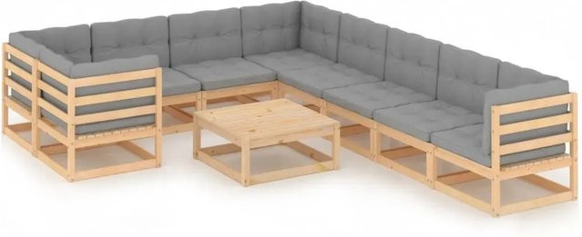 vidaXL 10-teiliges Garten-Lounge-Set aus massivem Kiefernholz in L-Form mit grauen Polsterkissen - Bild 1