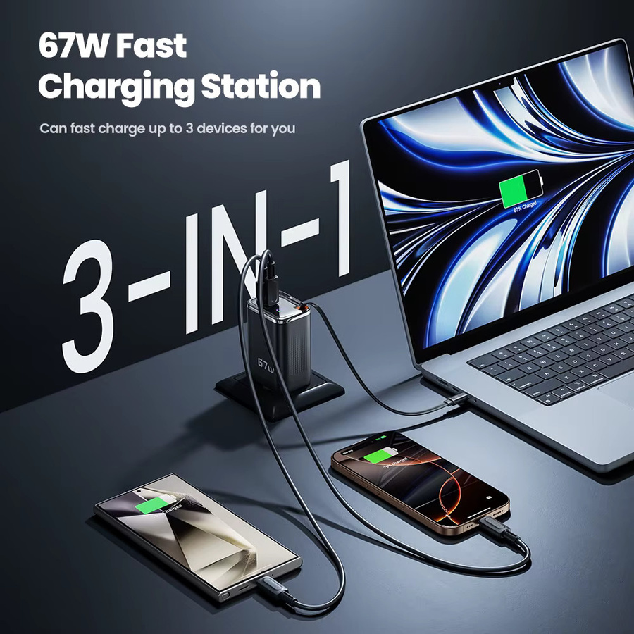Toocki 67 W GaN USB-C-Ladegerät mit einziehbarem Typ-C-Kabel, Schwarz, Schnellladegerät mit PPS PD3.0 SFC2.0 für iPhone, Samsung und Laptop - Bild 2