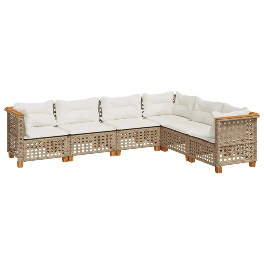 vidaXL 6-teilige Garten-Sofagarnitur in L-Form aus Poly-Rattan und Akazienholz in Beige mit Sitz- und Rückenkissen - Bild 2
