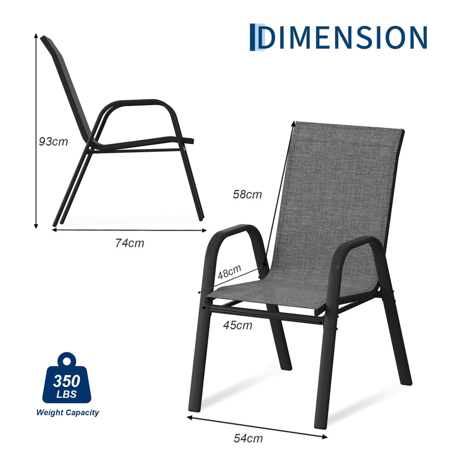 HiMiss 4er-Set stapelbare Terrassenstühle mit hoher Rückenlehne und Armlehnen aus grauem Textilene-Gewebe und Metallgestell - Bild 5