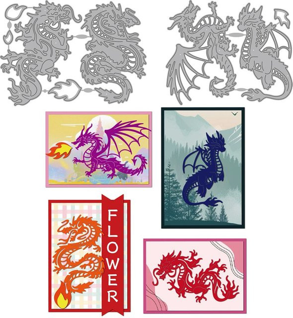 Dragon Stanzschablonen aus Carbonstahl in Silber für DIY Scrapbooking, Fotoalben und Papierkarten, B/H: 109 x 135 bis 156 mm, Tiefe: 0,8 mm - Bild 1