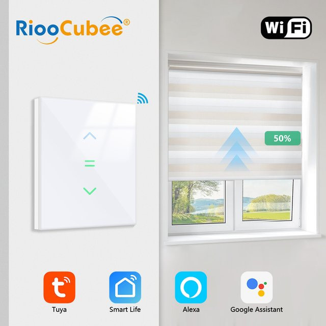 RiooCubee Tuya Smart Life Vorhangschalter in Weiß mit Hintergrundbeleuchtung, Prozentsatzanzeige, Timer und Fernbedienung, kompatibel mit Google Home und Amazon Alexa - Bild 1