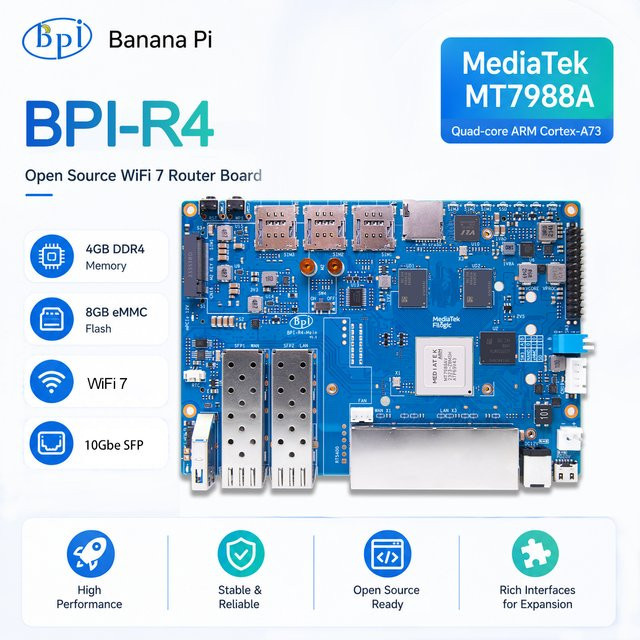 Banana Pi BPI-R4 Smart Router Board mit MediaTek MT7988A Filogic 880 Quad-Core Arm Cortex-A73, 4GB DDR4 und 8GB EMMC Flash - Bild 1