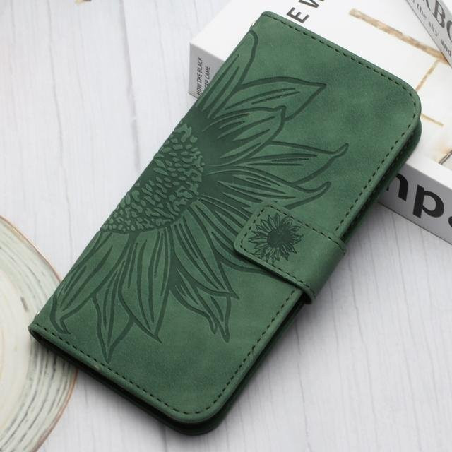 JJ-Ngup Handyhülle als Brieftasche für Samsung Galaxy A23 A22 A21s A20s A20e A23e M23 mit Sonnenblumen und Schmetterlings-Design aus Leder in Grün - Bild 1
