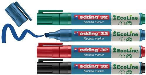Edding 32 EcoLine Flipchartmarker Set, nachfüllbar, 4er Pack mit Keilspitze in Schwarz, Rot, Blau und Grün - Bild 1