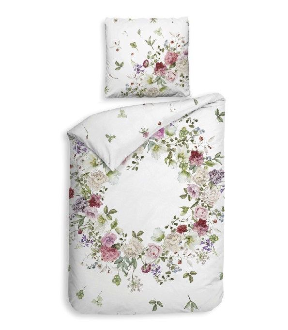 Heckett & Lane Mako-Satin Bettwäsche Ghirlanda White mit floralem Rosen-Blütenkranz Design, Farbe: Weiß, B/H: 155 x 220 cm und Kissenbezug 80 x 80 cm - Bild 1