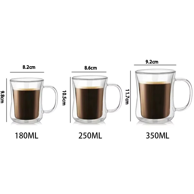 YWDL Doppelwandiges Glasbecher-Set aus klarem Glas mit Henkel für heiße und kalte Getränke, 180 ml, 250 ml und 350 ml - Bild 5