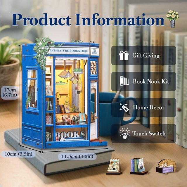 CUTEBEE Miniatur-Buchhandlungsset aus Holz mit warmen LED-Lichtern und detaillierter Einrichtung in Naturfarben als DIY-Modellbau-Set für Erwachsene und Teenager - Bild 1