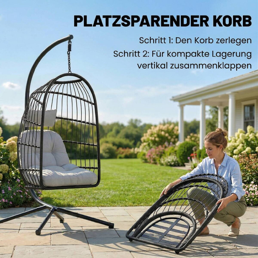 Outsunny Korbhängesessel aus Polyrattan mit Gestell und Kissen, hellgrau, B/H/T: 101 x 196 x 105 cm - Bild 4
