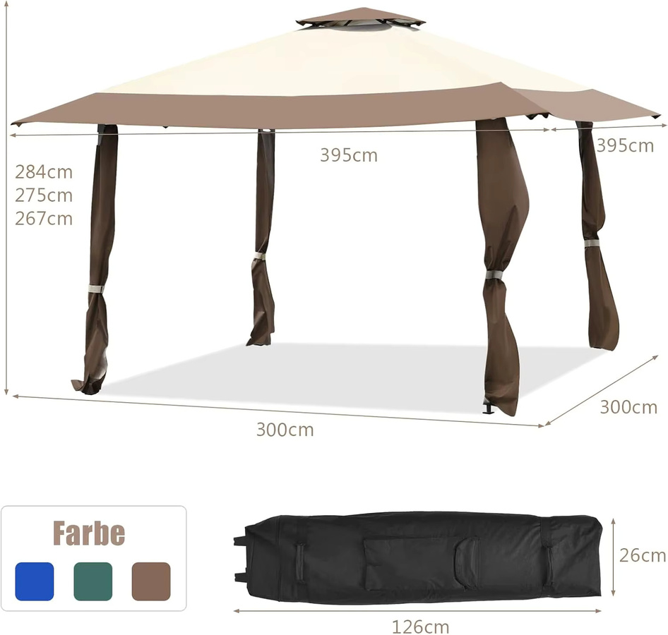 GOFLAME Pavillon mit Doppeldach in Beige oder Braun, wasserdicht, winterfest und mit UV-Schutz 50, B/T/H: 400 x 400 x 300 cm - Bild 1