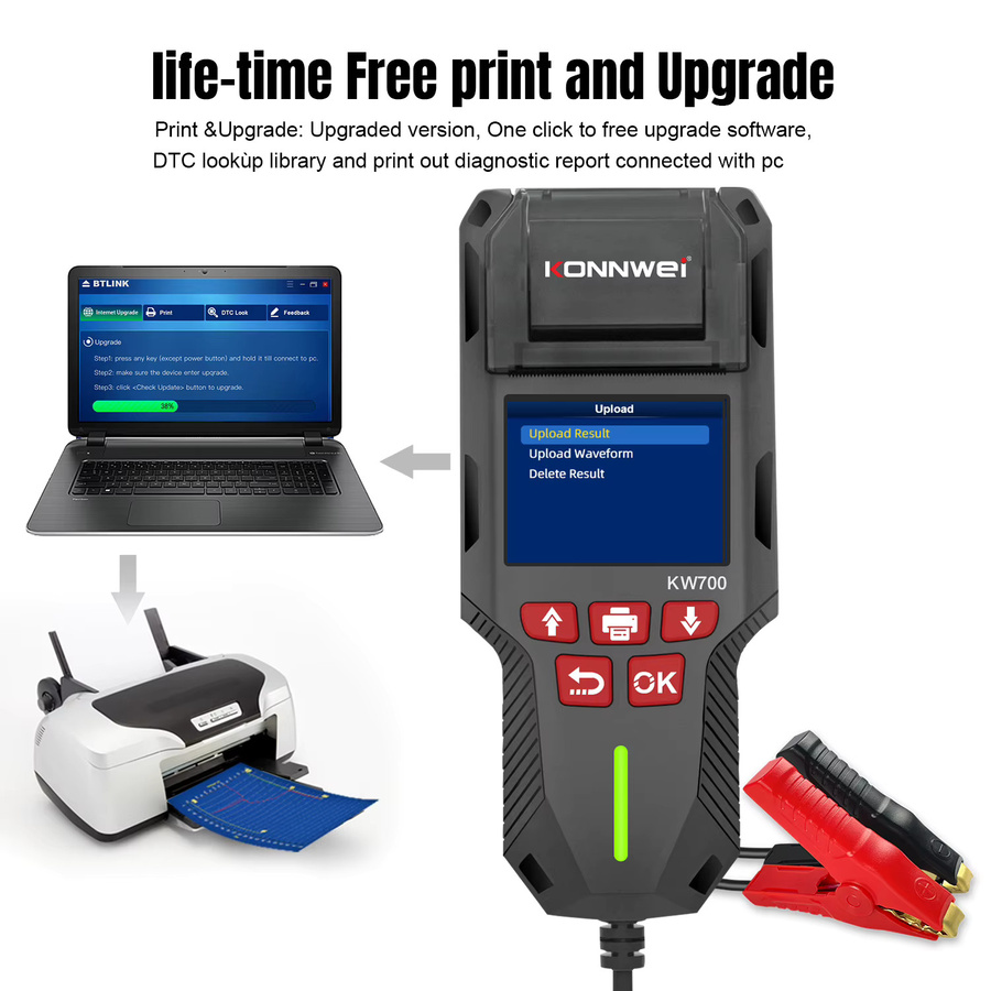 KONNWEI KW700 Batterietester für Auto, LKW und Motorrad mit Drucker, 12V/24V, 10-2000CCA, Diagnosegerät für Spannung, CCA, SOC und SOH, Schwarz - Bild 5