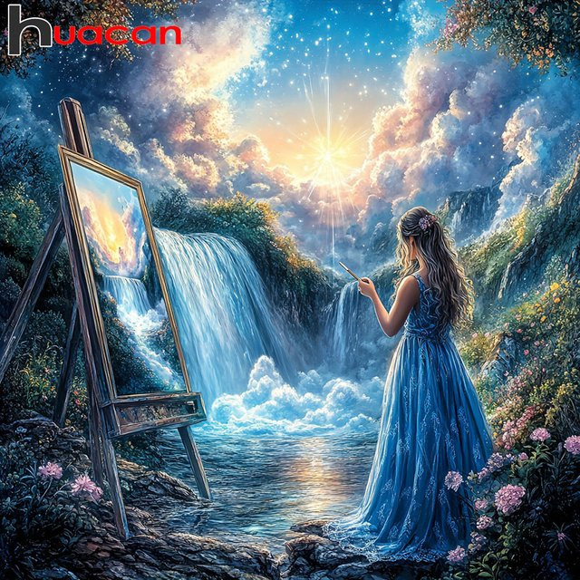 Huacan 5D DIY Diamantmalerei Mädchen mit Wasserfall und Naturlandschaft, runde Stickerei in Multicolour - Bild 1