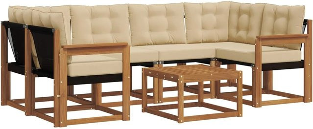 vidaXL Outdoor-Sofagarnitur 7-teilig aus Akazienholz und Textilene in Natur-Beige mit Kissen und Armlehnen - Bild 1