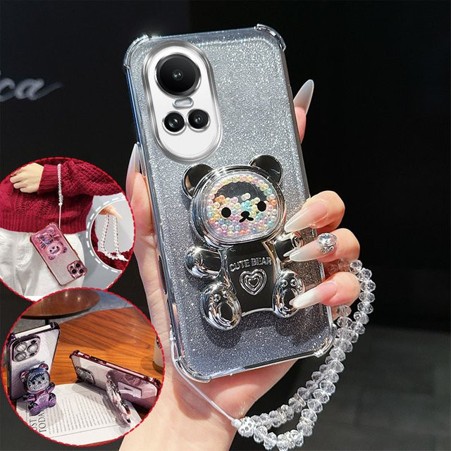 Stoßfeste Handyhülle für Oppo Reno10 Reno 10 Pro Plus mit 3D-Bärenständer, Glitzer und Kristallketten-Lanyard in Pink - Bild 1