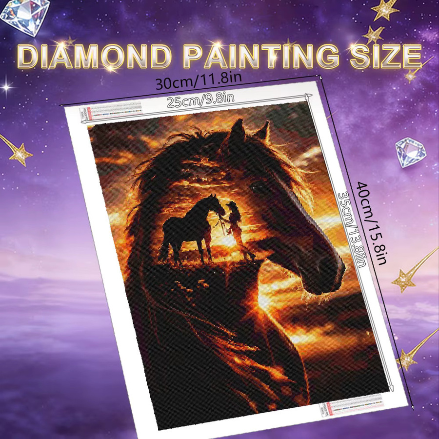 HUACAN Diamantmalerei Pferd und Frau im Sonnenuntergang als 5D DIY Mosaik Set für die Tischdekoration, Mehrfarbig, B/H: 30 x 20 cm - Bild 2