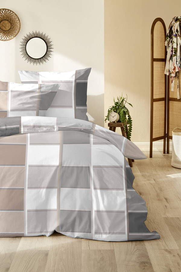 Primera Mako-Satin Bettwäsche aus Baumwolle mit Karo-Design in Grau, Silber und Braun, B/H: 135 x 200 cm mit Kissenbezug 80 x 80 cm - Bild 1