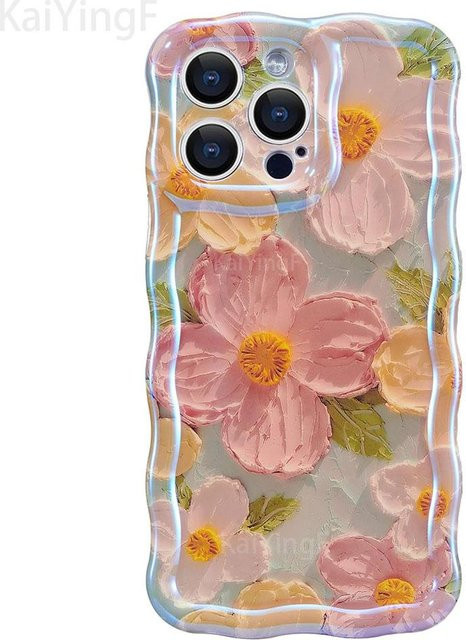 Stilvolle Handyhülle für Apple iPhone mit Retro Ölgemälde Blumenmuster und glänzendem Wellenrand in Multicolour - Bild 1