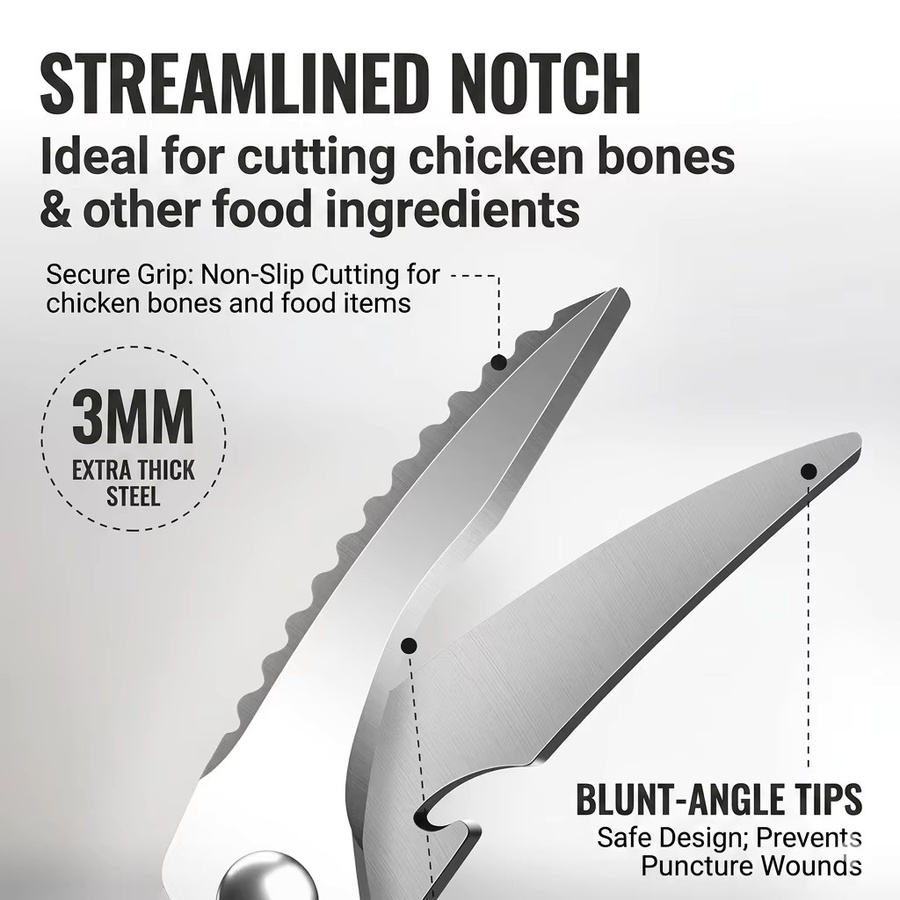 Multifunktionale Küchenschere aus Edelstahl von PLYS in Silber für Fleisch, Fisch und Hühnerknochen mit integriertem Flaschenöffner - Bild 2