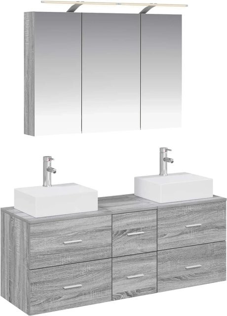 vidaXL 4-teiliges Badezimmermöbel-Set in Grau, bestehend aus Waschtischunterschrank, Spiegelschrank mit LED-Beleuchtung und Wandschränken aus Ingenieurholz und Glas - Bild 1