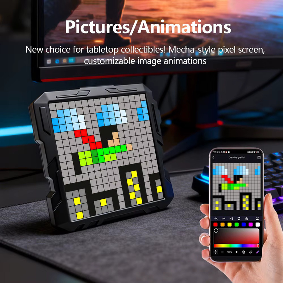 Intelligentes Bluetooth Pixel-Rahmen Nachtlicht mit RGB-LED-Display, Programmierbare Digitale Kunst-Uhr für DIY-Animationen, Schwarz, B/H: 32 x 32 cm - Bild 3