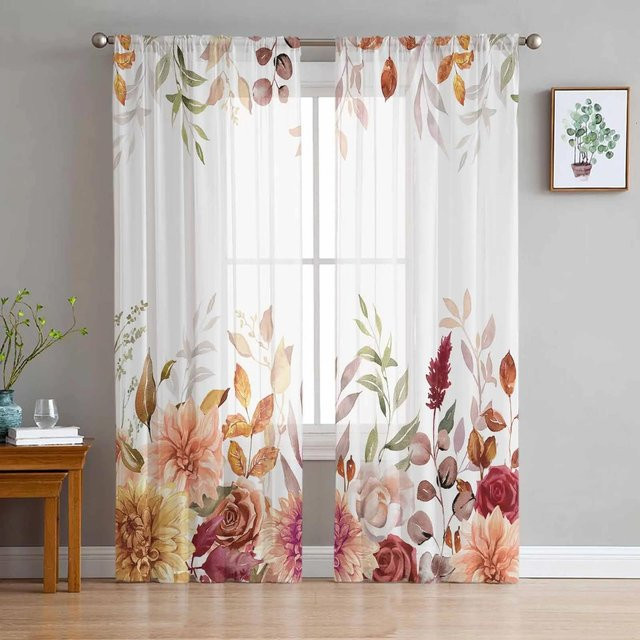 Transparenter Tüllvorhang mit Herbstblättern und Baumstamm-Motiv in Weiß, Organza-Fenstervorhang für Wohnzimmer und Küche, Breite: 135 cm, Höhe: 160 cm - Bild 1