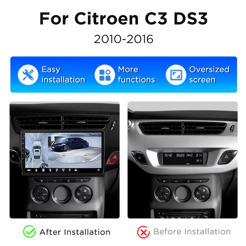 Junsun Autoradio für Citroen C3 und DS3 (2010-2016) mit 360 Grad Panoramakamera, kabellosem CarPlay, Android Auto, GPS, 4G LTE und KI-Sprachsteuerung in Schwarz - Bild 2