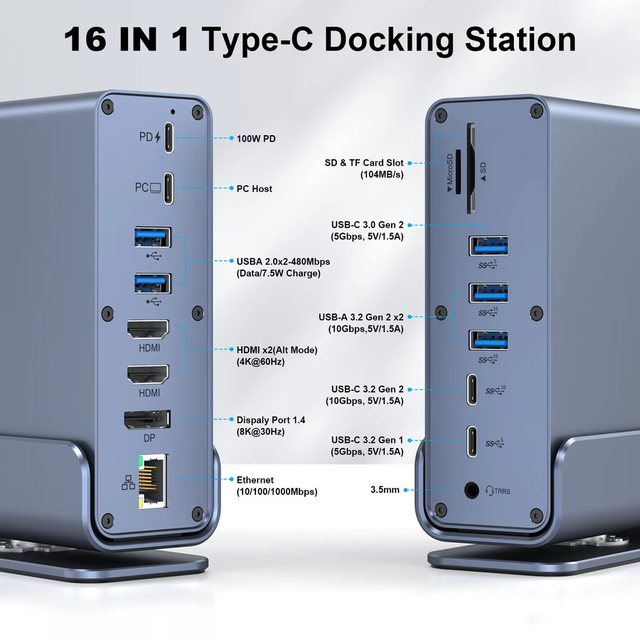 FC&EC 15 in 1 USB-C Dockingstation Hub in Grau mit 4K@60Hz HDMI, DisplayPort, USB-A, RJ45, SD/TF und Audio-Port für Macbook Pro und Laptop - Bild 2