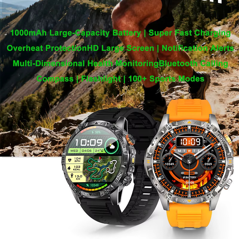 Yaocx Smartwatch für Herren mit 1,7 Zoll AMOLED HD Display, 1000mAh Akku, IP68 wasserdicht, Bluetooth-Anruf, Kompass und Sport-Taschenlampe in Schwarz - Bild 1