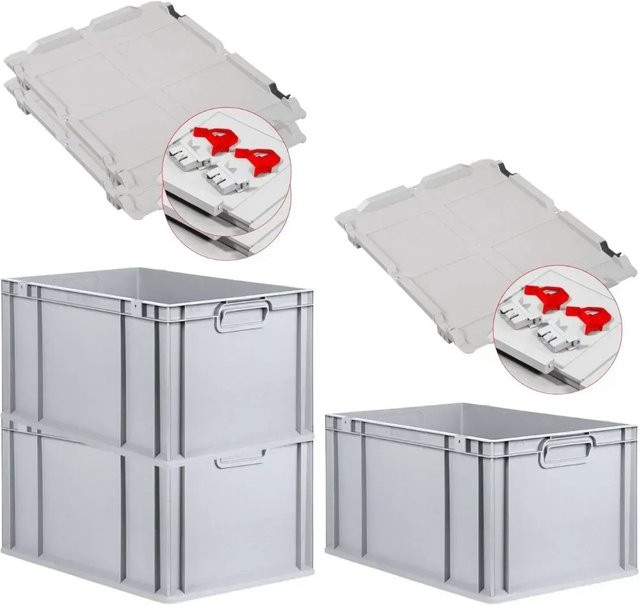 PROREGAL SuperSparSet 3x Eurobox NextGen Grip mit Scharnierdeckel und roten Schiebeschnappverschlüssen, Grau, H x B x T: 32 x 40 x 60 cm, 65 Liter - Bild 1