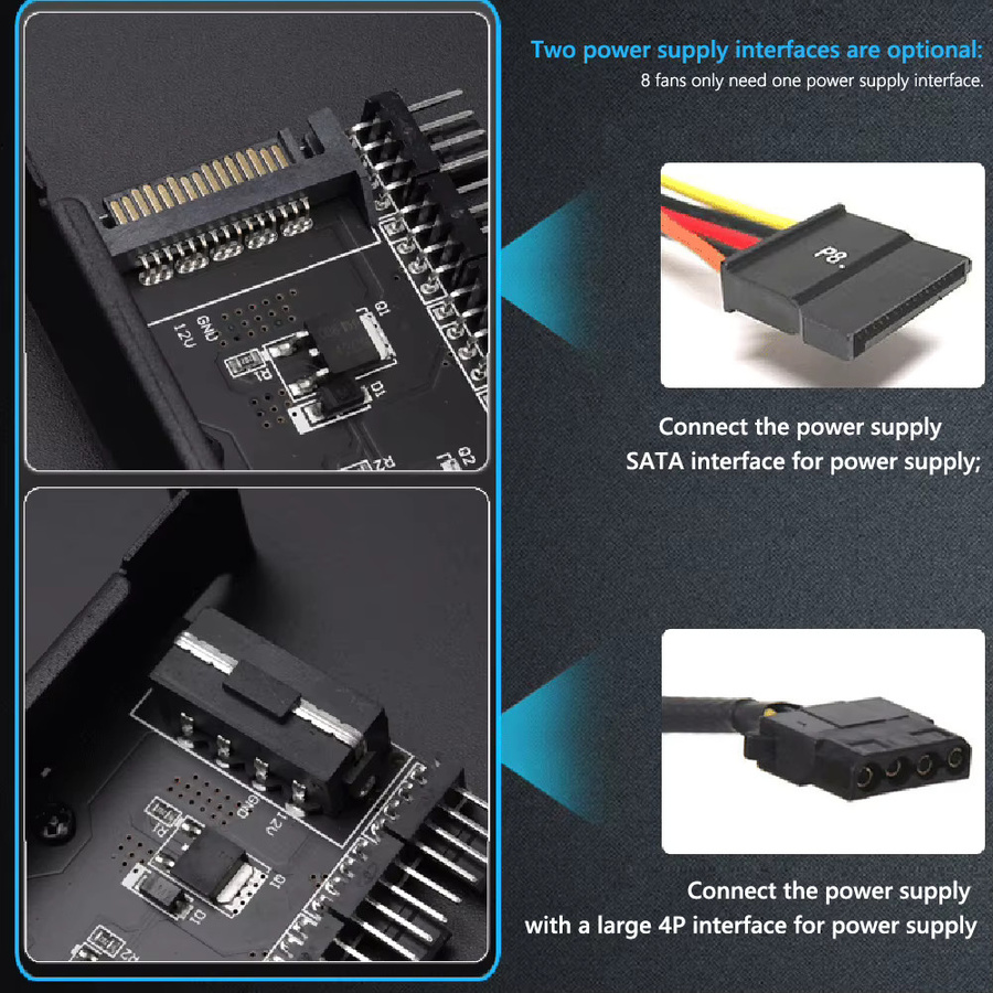 8-Kanal Lüfter-HUB mit 4-Pin SATA-Stromversorgung und Geschwindigkeitsregler für 3-Pin und 4-Pin Lüfter, Schwarz - Bild 4