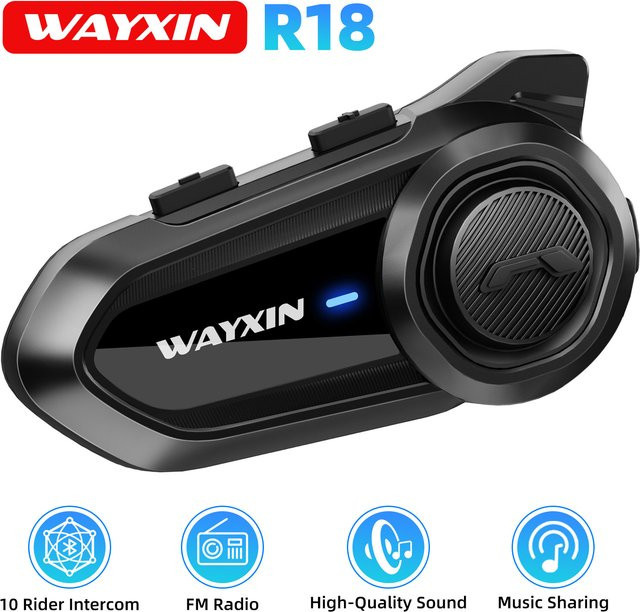WAYXIN R18 Motorrad-Intercom Bluetooth-Helm-Headset in Schwarz mit Gegensprechanlage für bis zu 10 Fahrer und FM-Radio - Bild 1