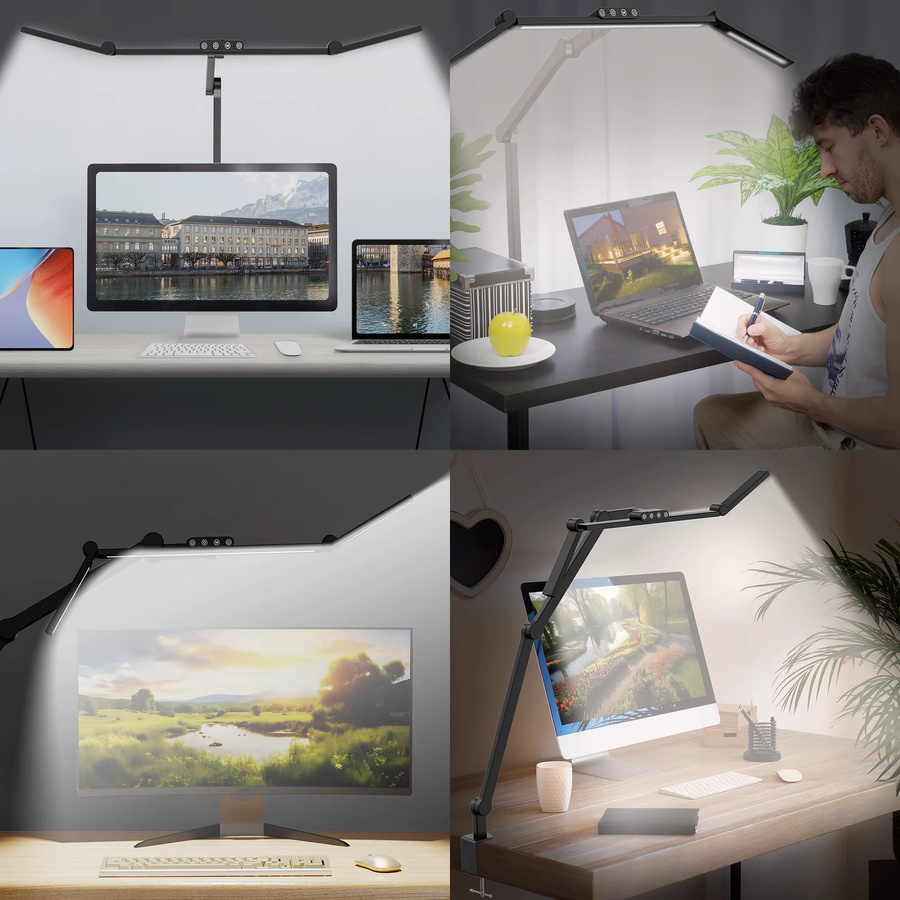 Aiopp LED-Schreibtischlampe in Schwarz mit 3 Clips, dimmbar, Timer-Funktion und flexiblem Metallarm für Home-Office und Dual-Monitor-Setups - Bild 4