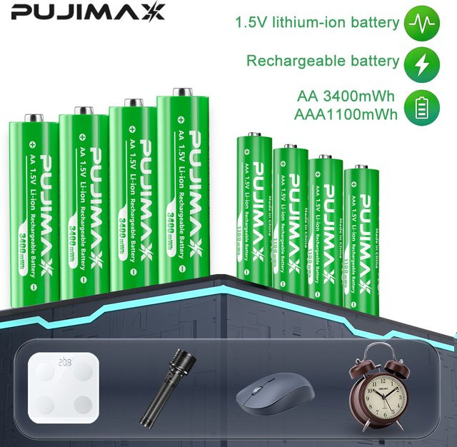 PUJIMAX Lithium-Ionen-Akkus Set AA und AAA in Grün, 1,5V mit 3400mWh und 1100mWh für Computer, Radiowecker und Digitalgeräte - Bild 1