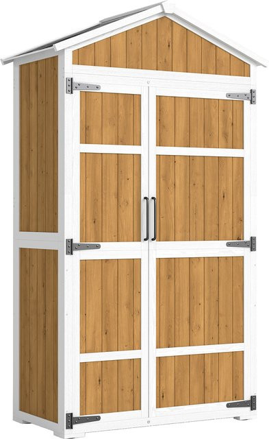 Outsunny Gartenschrank aus Fichtenholz mit Metalldach in Weiß und Natur, B/T/H: 105 x 55 x 179 cm - Bild 1