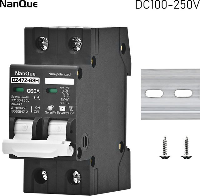 NANQUE MCB Leistungsschalter 2P C-Kurve für Solarpanel und Batterieschutz, Schwarz - Bild 1