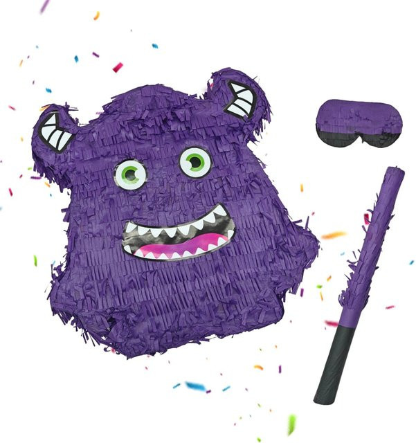 Relaxdays Pinata Set Monster in Lila mit Stab und Maske für Kindergeburtstage und Mottopartys, B/T/H: 40 x 35 x 9 cm - Bild 1