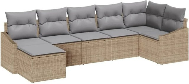 vidaXL Garten-Sofa-Set 7-teilig aus Poly-Rattan in Beige mit Polsterung und Ottomane für Terrasse und Garten - Bild 1