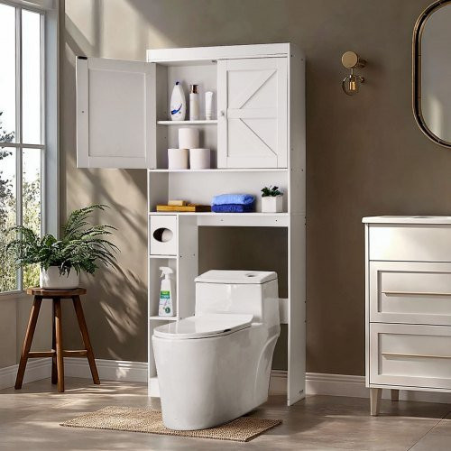 VEVOR Toilettenschrank für das Badezimmer mit Doppeltür und offenem Regal in Weiß, H x B x T: 171,3 x 81,5 x 19,5 cm - Bild 1
