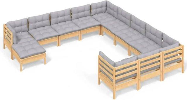 vidaXL 12-teiliges Garten-Lounge-Set aus massivem Kiefernholz mit grauen Kissen - Bild 1