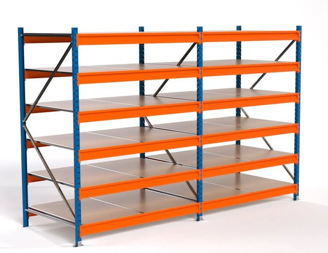 PROREGAL Industrie Weitspannregal MAXIMUS PRO Lagerregal mit 2 Feldern und 6 Spanplatten-Fachböden, Blau/Orange, H: 200 cm, B: 300 cm, T: 100 cm - Bild 1