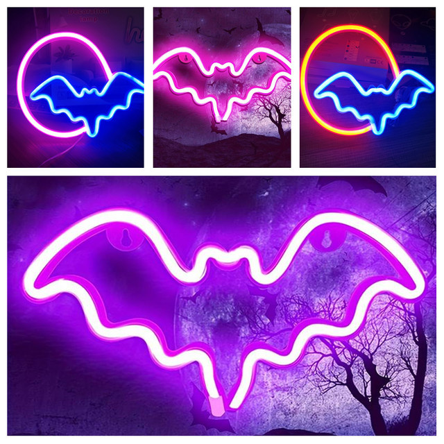 Halloween Neon-Lampe mit Mond und Fledermaus als LED-Wanddekoration in Weiß - Bild 1