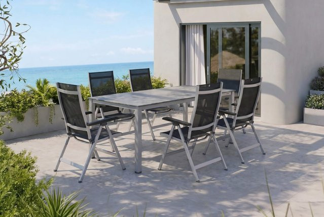 Kettler BasicPlus Premium Garten-Essgruppe aus Aluminium in Silber mit Tisch und 6 Klappstühlen - Bild 1