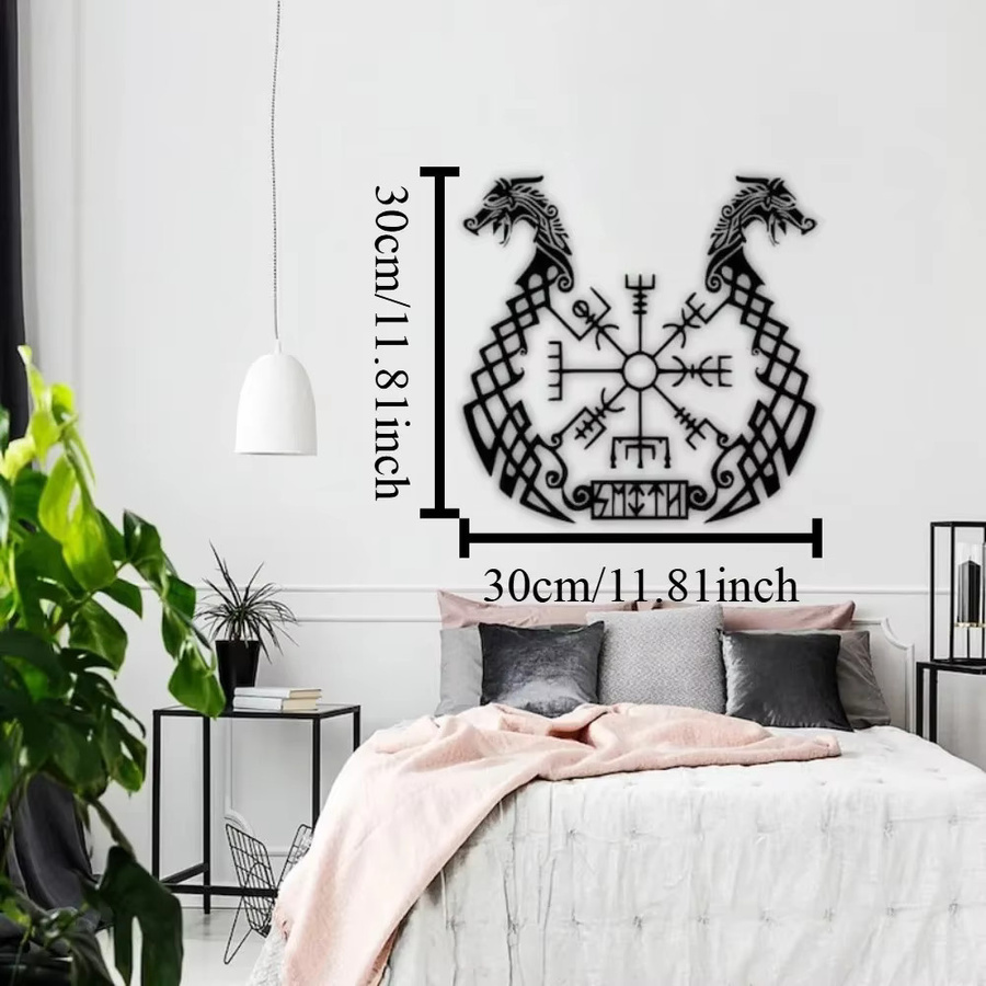 CIFBUY Vegvisir Wikinger Wandkunst aus Metall in Schwarz als nordisches Runensymbol zur Heimdekoration - Bild 2